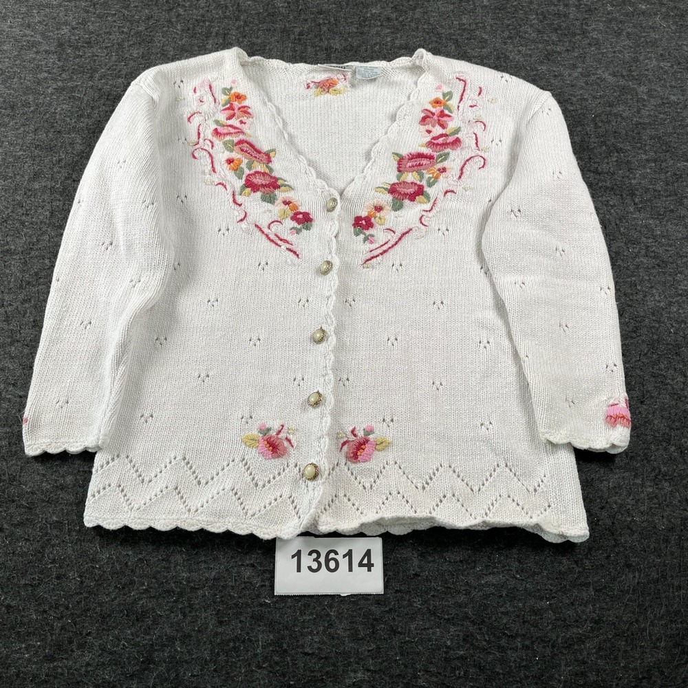 Capacity Cardigan Women PM White Good Vintage Floral Embroidered Knit Petite